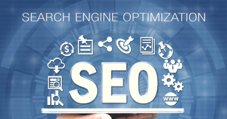 Illustration of SEO (Search Engine Optimization) with icons representing digital marketing, analytics, and content strategy